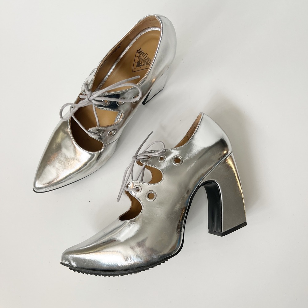 John Fluevog Fast Cars Monza Platform Heels Laces Size 11 Silver Chrome Shoes